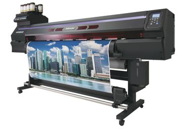 The Mimakis UCJV300 printer printing a picture of a city