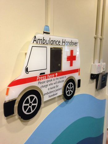 This hospital has been cut in the shape of an ambulance, and hung with high bonded tape so there are no visible fixture or fittings