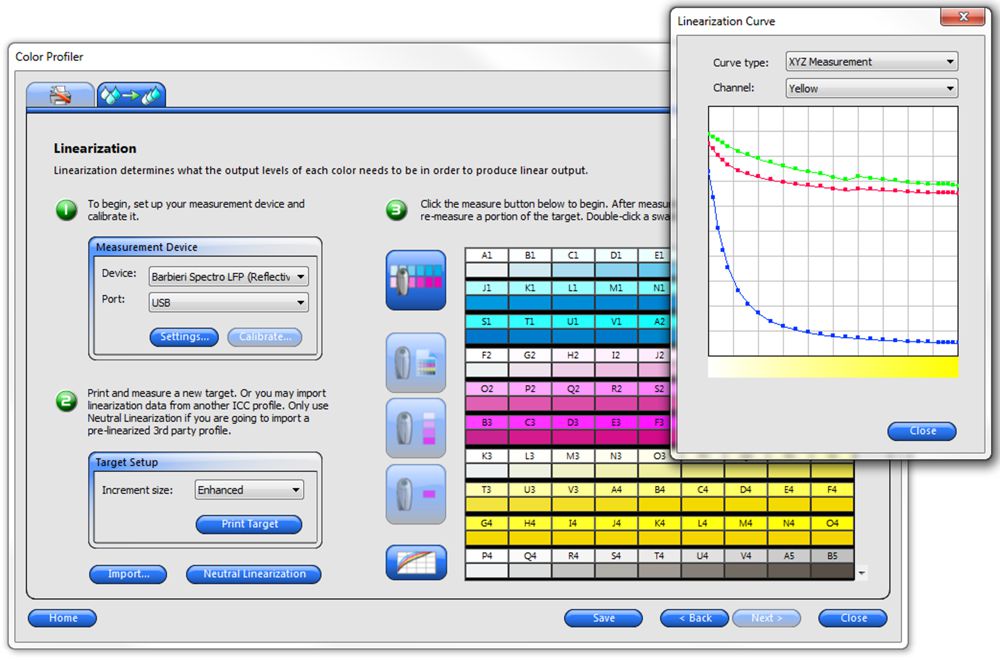 Screens from the SAi software showing colour management