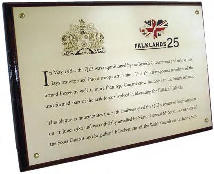 EtchFAST Falklands Plaque commemorating the 25th anniversary of the QE2's return to southampton in 1982.