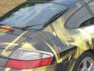 The rear of the porsche 911 wrapped with Metamark MD7 and its matching MG900 laminate