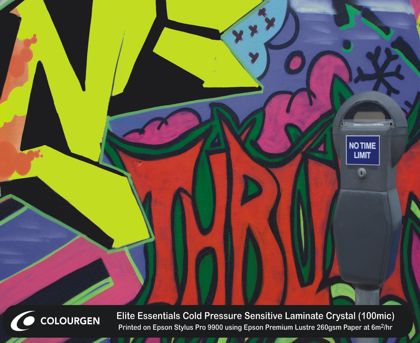 Graffiti printed on Elite Essentials Cold Pressure Sensitive Laminate Crystal (100mic)