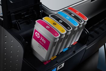Close up of six HP ink cartridges