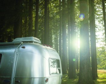 Camper in the woods with window film installation