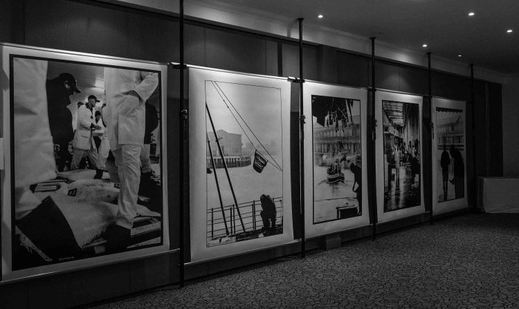 black and white photographic exhibition prints on display