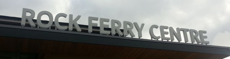 Rock Ferry Centre sign made with powder coated descaled stainless steel on a custom fabricated stand for ease of installation.