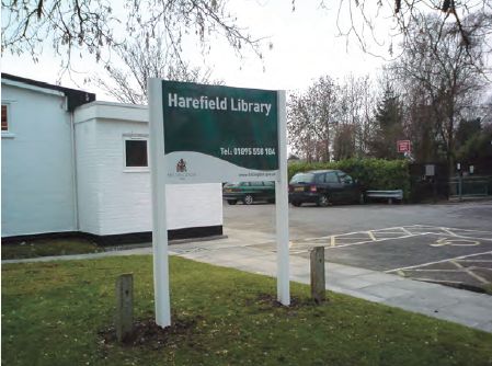 Pole and Plack sign outside Harefield Library