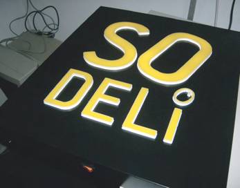 Sign created using internal LED illumination and 10mm clear push through lettering faced with translucent vinyl.