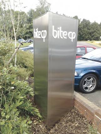A three sided bespoke stainless steel monolith with a clean and contemporary style.