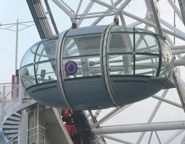 A re-branded London Eye capsule 'in flight'.