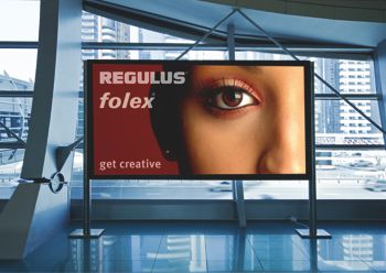Display board showing the Folex Regulus backlit film with an image on it