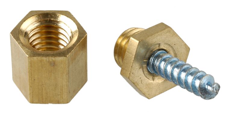 Medium brass locator fixing with fixed woodscrew - for wooden letters and fitments with wooden backing