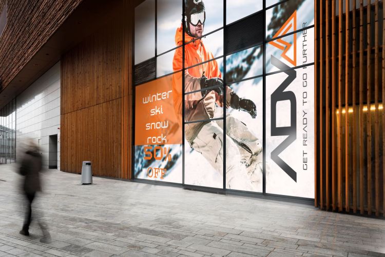 Graphics displayed outside a shop created using printed Polar Choice White monomeric self-adhesive PVC films