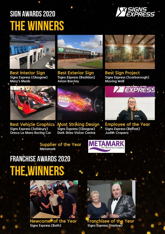 Promotional graphic showing the winners of the various categories of the Signs Express Sign Awards 2020