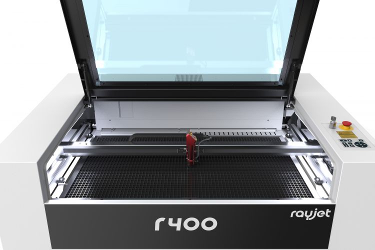The Trotec R400 laser engraver with the front open