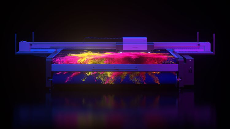 A wide-format flatbed printer displayed in the dark with neon inks on the graphics being printed.