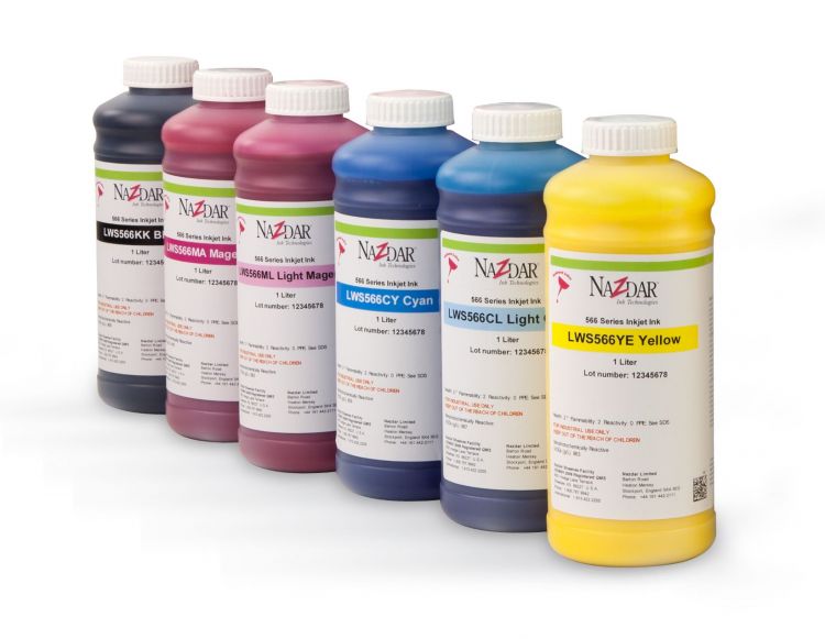 Bottles of the new Nazdar 566 Series designed specifically for use in Oki™ Colorpainter M-64 LCIS Digital Printers using Oki WX IP6 Inks.