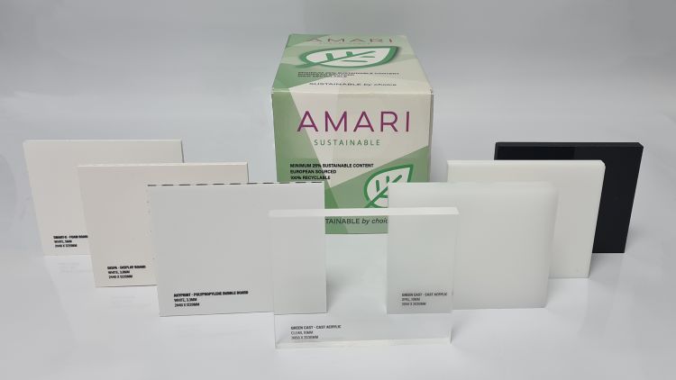 A range of sustainable media products displayed by Amari