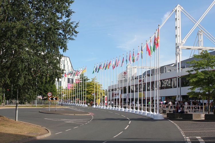 a line of country flags in Birmingham for commonwealth games