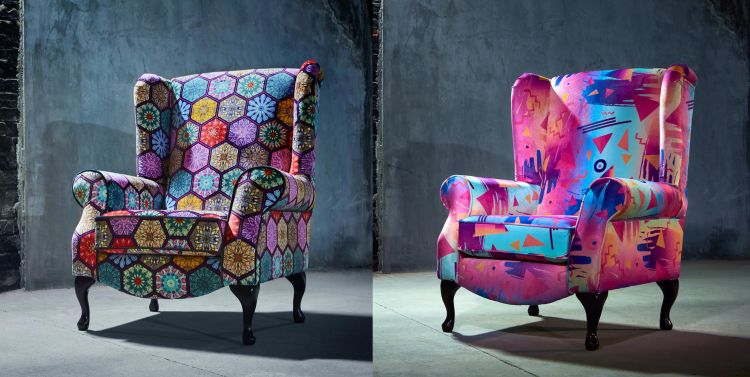 two colourful upholstered chairs