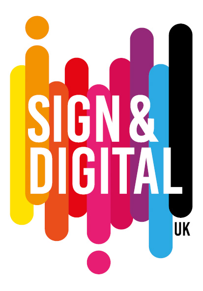 Sign and Digital logo with bright colored stripes in the background