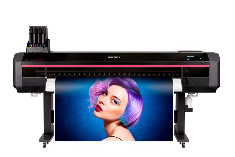 A Mutoh XpertJet roll fed printer with a print of a woman with bright purple hair