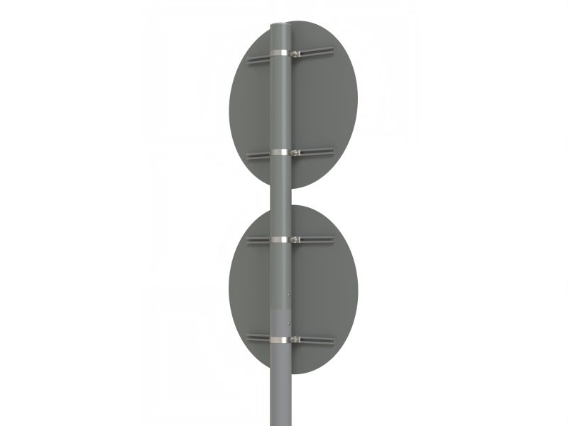 An image of an aluminium sign post with with two circular signs attached